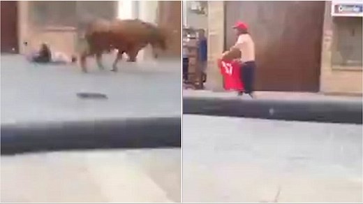 Amateur matador gets violently hit by a charging bull