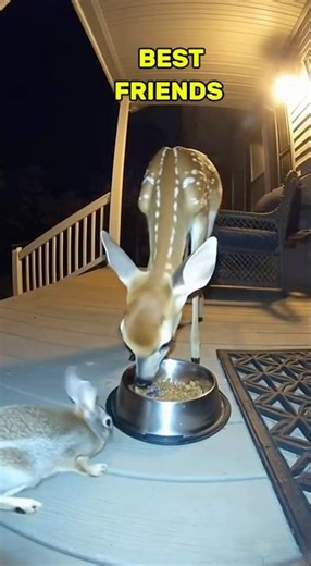 Cat and Baby Deer and Bunny Enjoy Supper