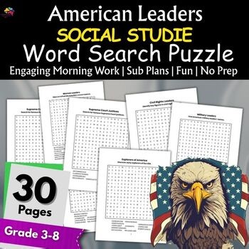 American Leaders Word Search Puzzle Activities 4th,5th,6th,7th,8th,9th,10th