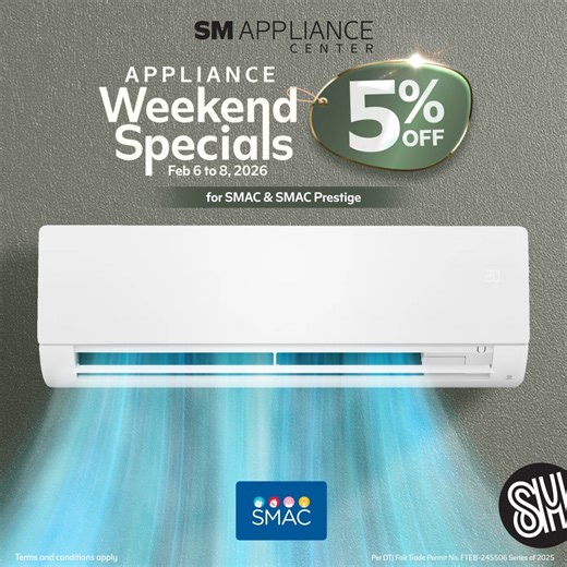 Fall in love with smarter home upgrades with SM Appliance Center's #WeekendSpecials! ❤️‍🔥​ Get 5% OFF on select appliances when you shop with your SMAC, SMAC Prestige Card, or BDO Rewards Cards from February 6 to 8!​ It’s time to spoil your home & yourself with new appliances. Visit #SMApplianceCenter now!​ 🌐 Visit our website: smappliance.com​ 🤳 Like us on Facebook: https://bit.ly/33Pl8R2​ 📱 Follow us on Instagram: https://bit.ly/36iqep5​ 💬 Join us on Viber: https://bit.ly/3uNzk8V​ Terms a