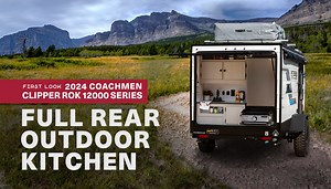 Camp off-the-grid in the 2024 Clipper ROK 12000 Series from Coachmen Recreational Vehicles. This lightweight travel trailer was named for its unique rear outdoor kitchen (ROK) and comes equipped with a slide-out griddle, 12-volt refrigerator, single sink, two-burner cooktop, and microwave oven. KEY FEATURES: ✨ Sleeps: 3 ✨ Dry weight: 2,200 lbs. ✨ Length: 16 ft. 1 in. Discover more about the ROK: https://bit.ly/4ac53F2 | General RV Center