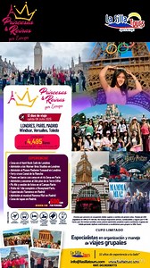 Princesas y Reinas. Tu viaje soñado. Salida grupal exclusiva para jovencitas y sus mamis. Únete a esta Increíble experiencia viajando por Europa, visitando Londres, Paris y Madrid. Incluye vuelos alojamiento desayunos traslados visitas, paseos y excursiones, guías, seguro. Experiencias: Warner Bros. Studios Harry Potter, Disneyland, Castillo de Windsor, Paseo en barco en el Sena, musical Mamma Mia en Madrid y mucho mas. Salida : 09 de julio, 2025. Cupo limitado. https://www.lasillatours.travel/p