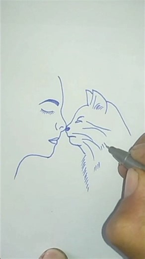 Cute Girl & Cat Line Art 🐱❤️ | Easy Pet Animal Drawing | #Short