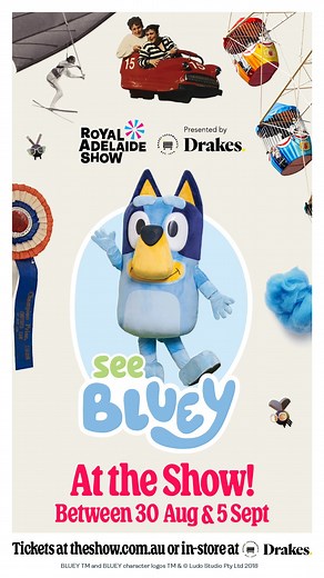 Bluey Live Interactive Experience 🐾 ☔ Raining outside? Catch Bluey inside on the Goyder Stage twice a day, for a full 7 days including weekend sessions for the first time! 💙✨ ⏰ Session times available on our website theshow.com.au | Royal Adelaide Show