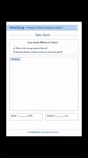 Tutorly.sg on Instagram: "Primary 6 Math — speed questions made easy 🚗💨 First, find the average speed: Speed = distance ÷ time = 180 ÷ 3 = 60 km/h ✅ Now use the same speed for part (b): Distance = speed × time = 60 × 5 = 300 km ✅ Key reminder: • Speed = distance ÷ time • Distance = speed × time Get these two formulas right and speed questions become super straightforward 👍 #tutorlysg #primary6math #speedquestions"