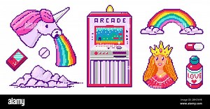 Pixel art 8 bit objects. Character Pony Cloud Rainbow Unicorn Princess. Retro digital game assets. Pink fashion icons. Vintage girly stickers. Arcades Stock Vector Image & Art - Alamy