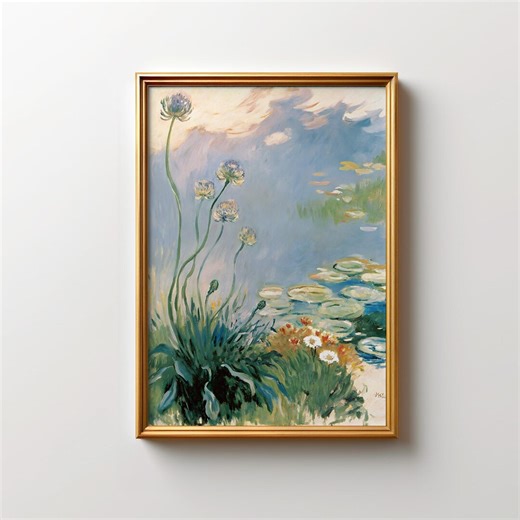 Water Lily Pond Painting, Allium Flowers, Garden Landscape, Hand-painted Art, Botanical Wall Decor, Original Nature Scene - Etsy