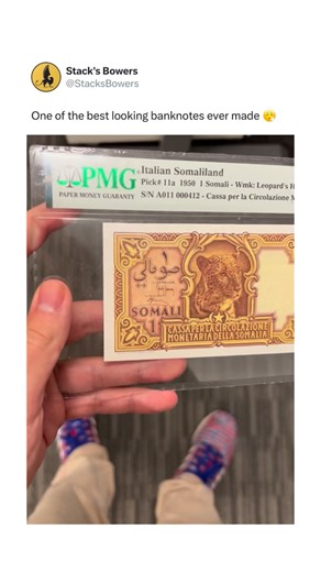 This Italian Somaliland 1950 1 Somali note is celebrated for its rich color, intricate engraving, and striking leopard vignette. Proof that some of the most beautiful currency ever printed was never meant to last in circulation. | Stack's Bowers