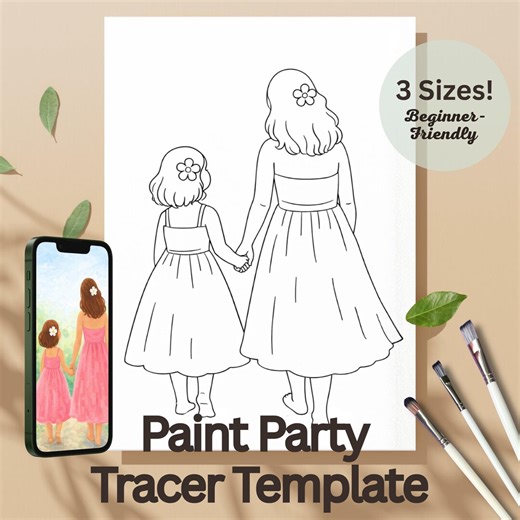 Mothers Day Mother Daughter DIY Paint Party Printable Tracer Pre-drawn Canvas Outline Sip & Paint Template Download 3 Sizes Beginner Level - Etsy
