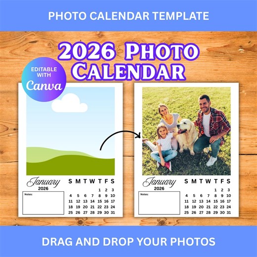 Photo Calendar Template 2026, Monthly Editable Planner, Whole Year Calendar, Family Photo Calendar, Edit in Canva, Instant Download - Etsy Australia