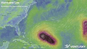 This video shows the predicted development of Hurricane #Lee over the next 6 days based on the ICON model. See our accumulated wind gust map https://www.ventusky.com/?p=34.2;-66.2;4&l=gust-ac&t=20230916/0000 | Ventusky