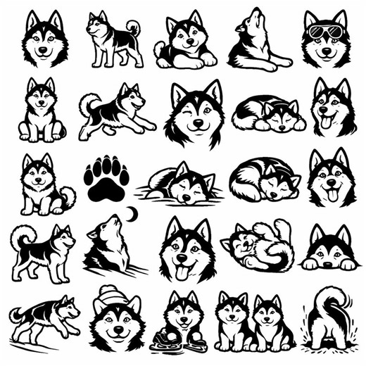 Siberian Husky SVG Icons Bundle – 25 Unique Black Outline Dog Icons, Bold Line Art, White Background, Cricut and Silhouette Cut Files - Etsy