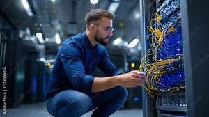 Tech Specialist at Work: A focused male technician meticulously works on server hardware, showcasing expertise and dedication in a modern data center environment.
