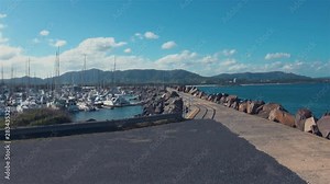 Coffs Harbour Marina Northern NSW, Australia. View Of Sailboats,Yachts, Motorboats, Boardwalk & Coastal Walkway With Mountains In Background. A Popular Family Holiday Destination In New South Wales