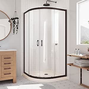 DreamLine Prime 36 inch D x 36 inch W x 74 3/4 inch H Semi-Frameless Sliding Clear Shower Enclosure in Oil Rubbed Bronze with Biscuit Shower Base Kit