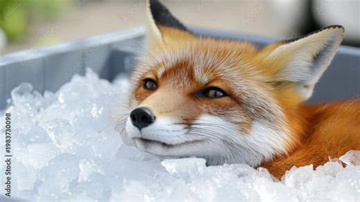 A cute red fox relaxes and closes its eyes while lying in a container full of cold ice cubes.