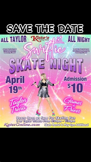 BOOK your Party and GRAB a group for this event now!! 🫶Taylor ALL NIGHT!! Come out and enjoy a Swifty skate with us… Lots of Taylor trivia, games and prizes!!! And some extra TAYLOR themed FUN!! 💜🫶 $10 Admission Skate Rental and Play Gym Additional 📍 Indian Trail & Gastonia (BOTH LOCATIONS) Spread the word!! ➡️➡️🛼🛼 Head to this rink for some fun! For more info www.katesonline.com Contact Us:: Gastonia:704-864-7007 Indian Trail : 704-821-7465 #mysk8moves #iskateatkates #funyoucanfeel #rolle