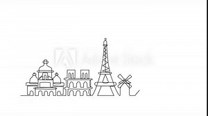 Animated self drawing of Paris skyline video illustration. Modern city in Europe in simple linear style video design concept. One of big city in France. Iconic architectural building design video.