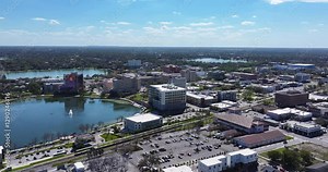 Lakeland, FL, USA - 02-23-2025: Winter aerial video over the City of Lakeland, FL, Munn Park Historic District.