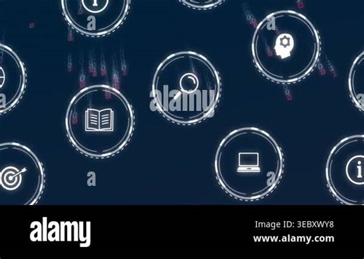 Binary streams appearing, UI icons moving inward, scaling and pulsing to show data flow. Glyphs, circles, grid, rings, neon, matrix, abstract Stock Video Footage - Alamy