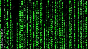 Matrix digital binary code falling. Hi tech digital matrix style binary code. Numeric code rain of shiny green 0 and 1 on dark background. 3D Illustration. Futuristic and technology concept.