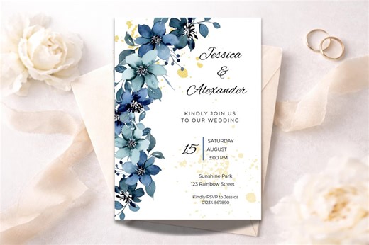 Blue Floral Wedding Invitation Template, Editable Canva Invite (digital Download) - Etsy
