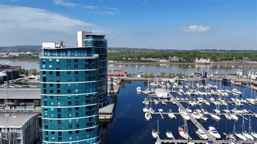 Waterfront apartments overlooking Chatham Maritime Marina Kent UK drone aerial