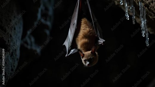 Witness an extreme close up of a bat hanging upside down in a dark cave, with piercing red eyes and damp fur, amidst ancient carvings and stalactites.