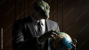 Lizard Person in Suit Holding Earth Model - A fictional lizard person, dressed in a formal suit, is depicted holding a small model of Earth.