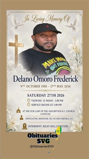 Delano O. Frederick | Funeral Announcement #ObituariesSVG #Obituaries #SVG