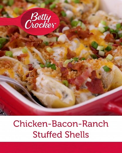 Everyone’s favorite flavor combo—chicken, bacon and ranch—makes its way into pasta shells for an irresistible, creamy and delicious dinner. Get the recipe, Chicken-Bacon-Ranch Stuffed Shells, here: https://www.bettycrocker.com/recipes/chicken-bacon-ranch-stuffed-shells/eb050854-1c51-424a-a2b9-931a1fcf0b79?utm_source=facebook&utm_medium=social_organic&utm_campaign=MSP_XX?&mktgimp=goldmflr&mktgimp=probroth | Betty Crocker