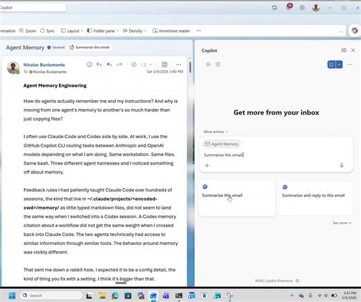 Hi! As you know I work at $MSFT now. I receive so many emails that I can't live without the Outlook agent. I love your use case btw. Imagine in the future you will be able to say "Summarize MS email about DDOG and then update my Excel model." Now, it looks like you don't have the "Outlook Agent" and so it reverts back to the traditional Copilot chat without the Outlook context. I will DM you for details. You might think "why does it even happen?!" Well, M365 has hundreds of millions of active us
