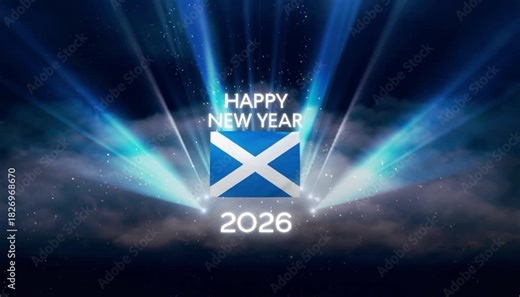 Happy New Year 2026 celebration in Scotland with vibrant fireworks and spotlights