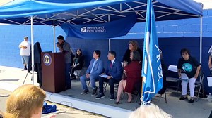 Members of Ritchie Valens' family speak at the ceremony to dedicate the Pacoima Post Office at 13507 Van Nuys Blvd. to the late rock 'n' roll legend on his 81th birthday. The first to speak is Valens' sister Irma Norton, followed by his sister-in-law Rosie Morales and brother Mario Ramirez. | The San Fernando Valley Sun