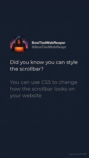 Web Reaper | Website Engineer on Instagram: "Did you know you can style the scrollbar? You can use CSS to change how the scrollbar looks on your website Use this great simple page to test different scrollbar styling, and to copy / paste the CSS scrollbar.app #webdevelopers #webdesigning #javascriptdeveloper #responsive #webdevelopmentcompany #webdesigns #webdesigncompany #webdesigninspiration #responsivedesign #vscode #techblog #webdevelopmentservices #webdevelopement #webdesigntrends #webdesign
