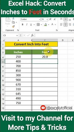 Excel Hack Convert inches into Feet in Excel🤔 #exceltech #excel ‪@Microsoft‬ #spreadsheets