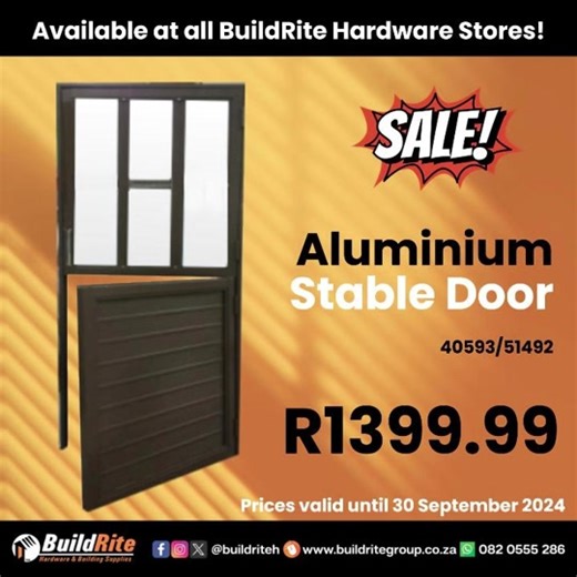 Home Renovations? Wanting something different? Look no further! Here at Build Rite Hardware we have unbeatable offers that you won’t want to miss. Our Aluminium Stable Door will give your home that look you've been wanting 😁 Want to know where our stores are located...Click on the link below http://bit.ly/3EBAuM4 Require assistance with a Quotation...Whatsapp us on 082 055 5286 choose your relevant store from the automated list provided, click on quotation and the relevant store to assist you. 