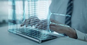 Programming Language Hologram with Coder Hands Typing on Computer Keyboard Abstract Background