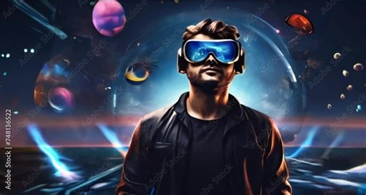 A person wearing transparent virtual reality glasses with space and galaxies surrounding them. Immersion into virtual reality, showcasing the possibilities of modern technology.
