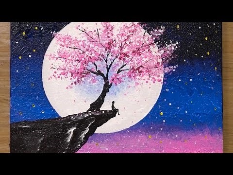 Cherry Blossom under Moonlight / Acrylic Painting Technique #459