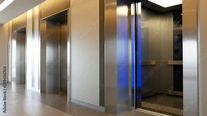 Modern steel elevator open and close door cabins in a business lobby or Hotel, Store, interior, office,perspective wide angle. Three elevators in hotel lobby.