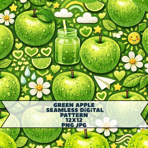 Green apples, seamless digital pattern, digital paper, fruit design, PNG, JPG,  instant download, commercial use, digital background