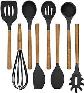 Country Kitchen Non Stick Silicone Utensil Set with Rounded Wood Handles for Cooking and Baking, 8 Piece Set, Black