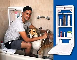 PetSpa Dog Shower Bench | Hand Shower Compatible Bath Supply Cabinet | 2-in-1 Storage Cabinet and pet Bathing Bench | White