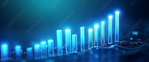 Dynamic bar graphs rise steadily in a sleek digital environment with ambient light flicker, while the camera smoothly pans across, creating a futuristic, cinematic finance visualization.