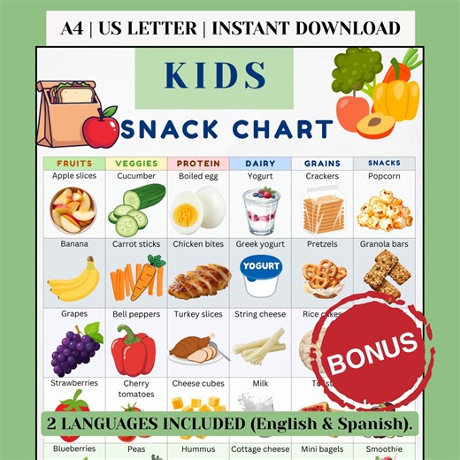 Kids Snack Chart Printable, Kids Food Chart, Healthy Snack Ideas for Kids, Lunchbox Snack Guide, English Spanish PDF Download - Etsy
