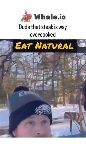 @zonofun on Instagram: "The Instagram post shares a 15-second satirical meme video juxtaposing a woman naturally eating an orange from a tree with a bearded man in an Eagles beanie awkwardly chewing a charred steak dangling from a snowy branch, both stamped with ironic “EAT NATURAL” overlays to poke fun at absurd “healthy” eating trends. - Posted by U.S. Army veteran @SteveLovesAmmo, a self-described “Freedom Extremist” and podcast host, the clip criticizes overcooking via its caption, exploding