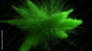 Green color powder explosion on black isolated background. 3d render super slow motion