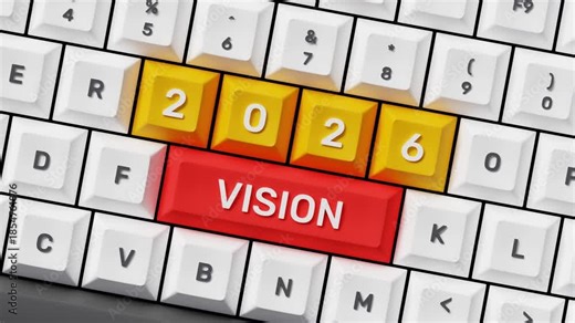 2026 Vision for Business and Personal Growth, Clear Goals, Smart Targets, Strategic Roadmap, Future Planning, Innovation and Long Term Success Ahead. 2026 Vision on 3D Keyboard Buttons. 4K 3D Video