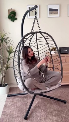 ONBRILL Hanging Egg Chair with Stand, Outdoor Indoor Egg Swing Chair with Cushion Headrest, Wicker Rattan Egg Chair with Dual Chains, 350LBS Capacity for Patio, Porch, Balcony, Bedroom (Dark Gray)